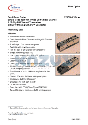 V23818-K15-L17 datasheet - Small Form Factor Single Mode 1300 nm 1.0625 Gbit/s Fibre Channel 1.25 Gigabit Ethernet Transceiver 2x5/2x10 Pinning with LC Connector