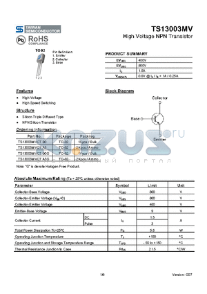 TS13003MVCTA3G datasheet - High Voltage NPN Transistor