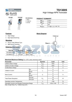 TS13005CI datasheet - High Voltage NPN Transistor