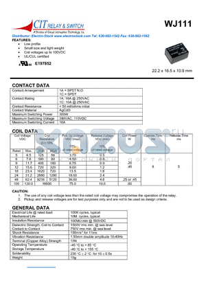WJ1111A100VDC.25 datasheet - CIT SWITCH