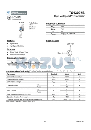 TS13007B_10 datasheet - High Voltage NPN Transistor