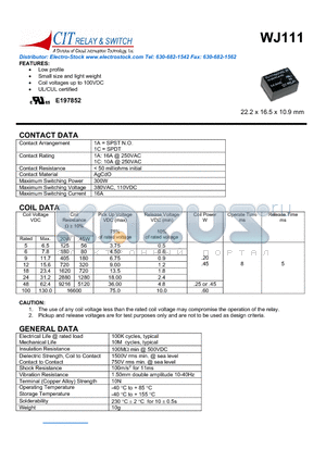 WJ1111A12VDC.25 datasheet - CIT SWITCH