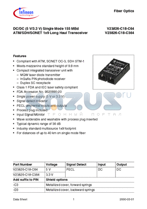 V23826-C18-C364 datasheet - DC/DC (5 V/3.3 V) Single Mode 155 MBd ATM/SDH/SONET 1x9 Long Haul Transceiver