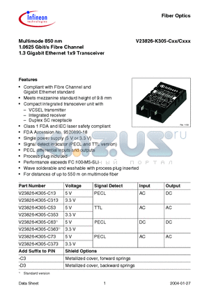 V23826-K305-C373 datasheet - Multimode 850 nm 1.0625 Gbit/s Fibre Channel 1.3 Gigabit Ethernet 1x9 Transceiver