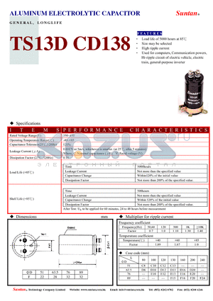 TS13DZ-CD138 datasheet - ALUMINUM ELECTROLYTIC CAPACITOR