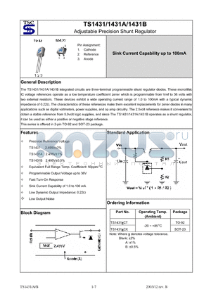 TS1431 datasheet - Adjustable Precision Shunt Regulator