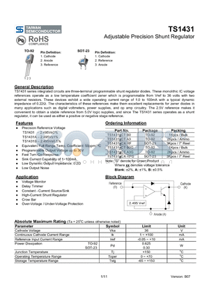 TS1431ACTA3G datasheet - Adjustable Precision Shunt Regulator