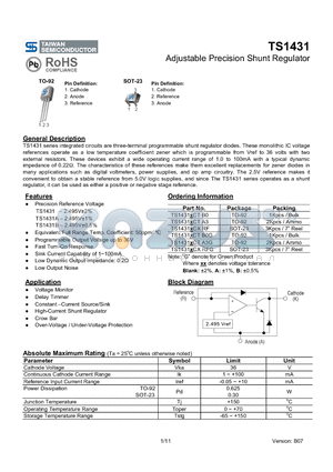 TS1431BCTA3 datasheet - Adjustable Precision Shunt Regulator