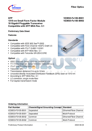 V23833-F0105-B001 datasheet - XFP1310 nm Small Form Factor Module 10 Gigabit Pluggable Transceiver Compatible with XFP MSA Rev. 3.1