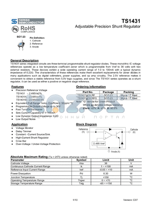 TS1431CXRFG datasheet - Adjustable Precision Shunt Regulator