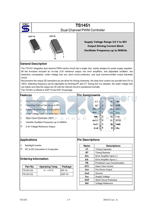 TS1451CD datasheet - Dual Channel PWM Controller