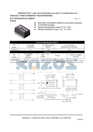 TS150-06 datasheet - 10 BASE-T SMD ETHERNET TRANSFORMER