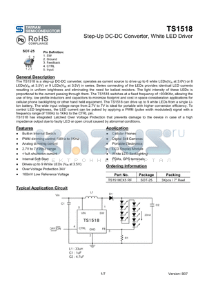 TS1518CX5RF datasheet - Step-Up DC-DC Converter, White LED Driver