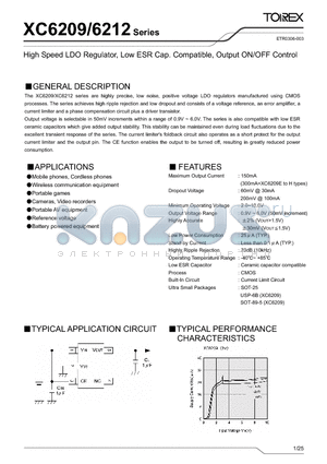 XC6209C55AD datasheet - High Speed LDO Regulator, Low ESR Cap. Compatible, Output ON/OFF Control