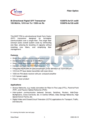 V23870-A1131-B600 datasheet - Bi-Directional Pigtail SFF Transceiver 155 Mbit/s, 1310 nm Tx / 1550 nm Rx