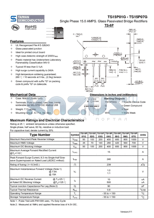 TS15P01G datasheet - Single Phase 15.0 AMPS. Glass Passivated Bridge Rectifiers