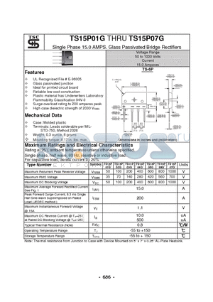 TS15P02G datasheet - Single Phase 15.0 AMPS. Glass Passivated Bridge Rectifiers