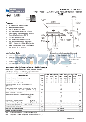 TS15P02G datasheet - Single Phase 15.0 AMPS. Glass Passivated Bridge Rectifiers