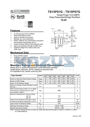TS15P07G datasheet - Single Phase 15.0 AMPS. Glass Passivated Bridge Rectifiers