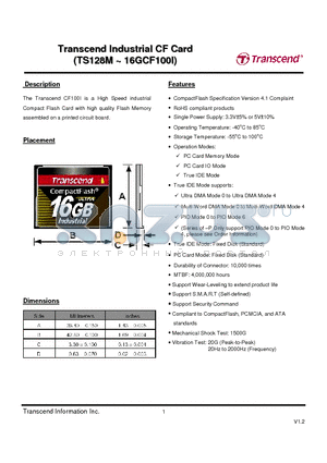 TS16GCF100I datasheet - Industrial CF Card