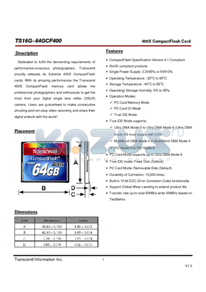 TS16GCF400 datasheet - 400X CompactFlash Card