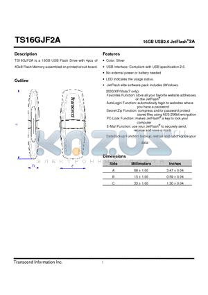 TS16GJF2A datasheet - 16GB USB2.0 JetFlash^2A