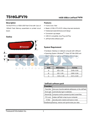 TS16GJFV70 datasheet - 16GB USB2.0 JetFlashV70