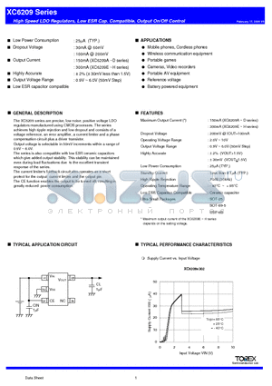 XC6209F122PR datasheet - High Speed LDO Regulators Low ESR Cap Compatible Output On/Off Control