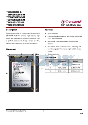 TS16GSSD25S-M datasheet - 2.5 Solid State Disk