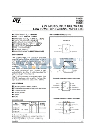 TS1851I datasheet - 1.8V INPUT/OUTPUT RAIL TO RAIL LOW POWER OPERATIONAL AMPLIFIERS