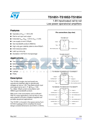 TS1851_07 datasheet - 1.8V INPUT/OUTPUT RAIL TO RAIL LOW POWER OPERATIONAL AMPLIFIERS