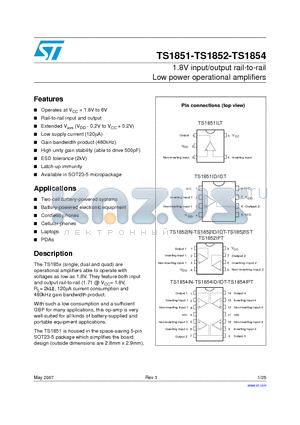 TS1852AID datasheet - 1.8V INPUT/OUTPUT RAIL TO RAIL LOW POWER OPERATIONAL AMPLIFIERS