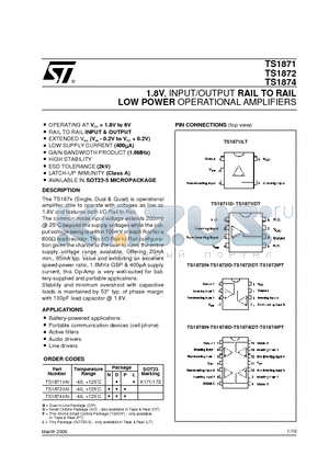 TS1871 datasheet - 1.8V, INPUT/OUTPUT RAIL TO RAIL LOW POWER OPERATIONAL AMPLIFIERS