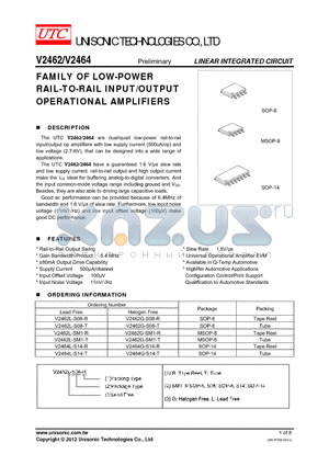 V2462 datasheet - FAMILY OF LOW-POWER RAIL-TO-RAIL INPUT/OUTPUT OPERATIONAL AMPLIFIERS