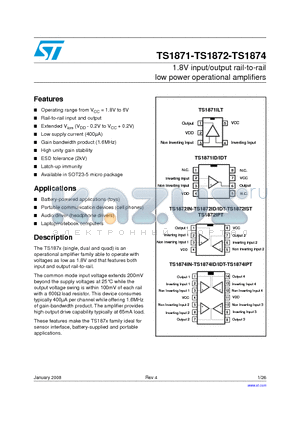 TS1871IYDT datasheet - 1.8V input/output rail-to-rail low power operational amplifiers