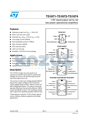 TS1872AIPT datasheet - 1.8V input/output rail-to-rail low power operational amplifiers