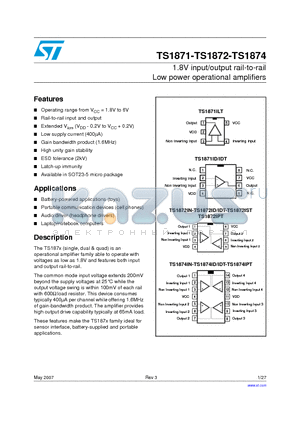 TS1872IYPT datasheet - 1.8V input/output rail-to-rail Low power operational amplifiers