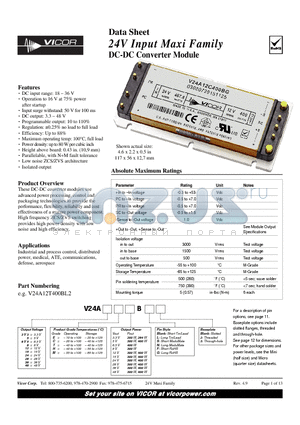 V24A12C400BL3 datasheet - 24V Input Maxi Family DC-DC Converter Module