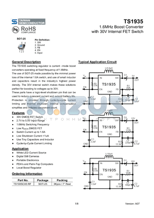 TS1935 datasheet - 1.6MHz Boost Converter with 30V Internal FET Switch