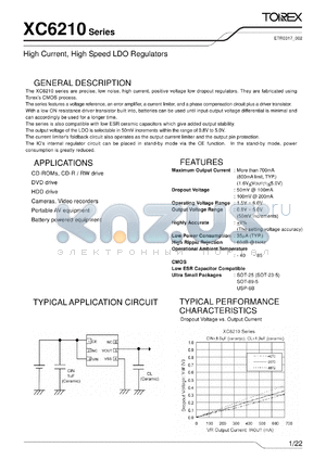 XC6210A302PR datasheet - High Current, High Speed LDO Regulators