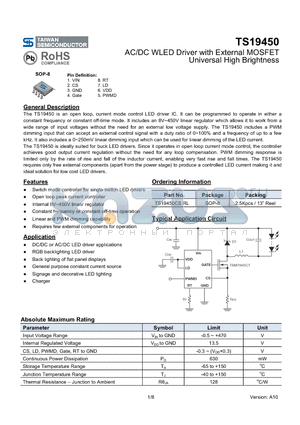 TS19450CSRL datasheet - AC/DC WLED Driver with External MOSFET Universal High Brightness