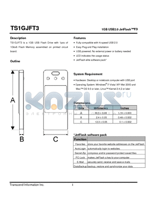 TS1GJFT3 datasheet - 1GB USB2.0 JetFlashT3