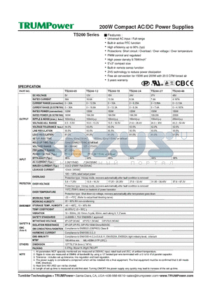 TS200-15 datasheet - 200W Compact AC/DC Power Supplies