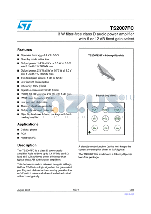 TS2007EKIJT datasheet - 3 W filter-free class D audio power amplifier with 6 or 12 dB fixed gain select