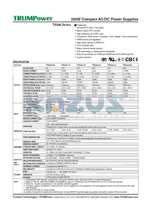 TS200-27 datasheet - 200W Compact AC/DC Power Supplies