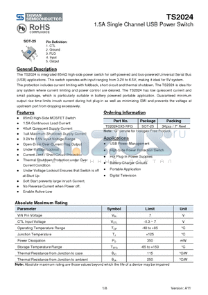 TS2024 datasheet - 1.5A Single Channel USB Power Switch