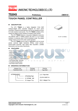 TS2043G-R16-R datasheet - TOUCH PANEL CONTROLLER