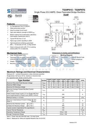 TS20P01G datasheet - Single Phase 20.0 AMPS. Glass Passivated Bridge Rectifiers