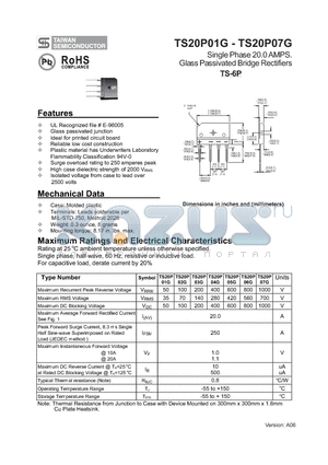 TS20P02G datasheet - Single Phase 20.0 AMPS. Glass Passivated Bridge Rectifiers