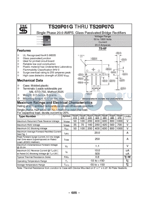 TS20P07G datasheet - Single Phase 20.0 AMPS. Glass Passivated Bridge Rectifiers
